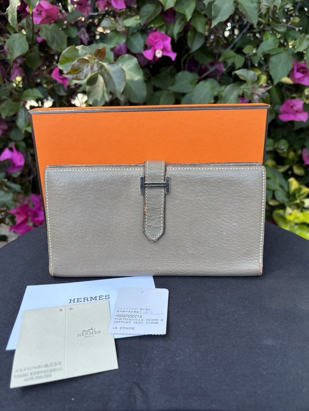 HERMES Bearn Chevre Leather Long Bifold Wallet Grey